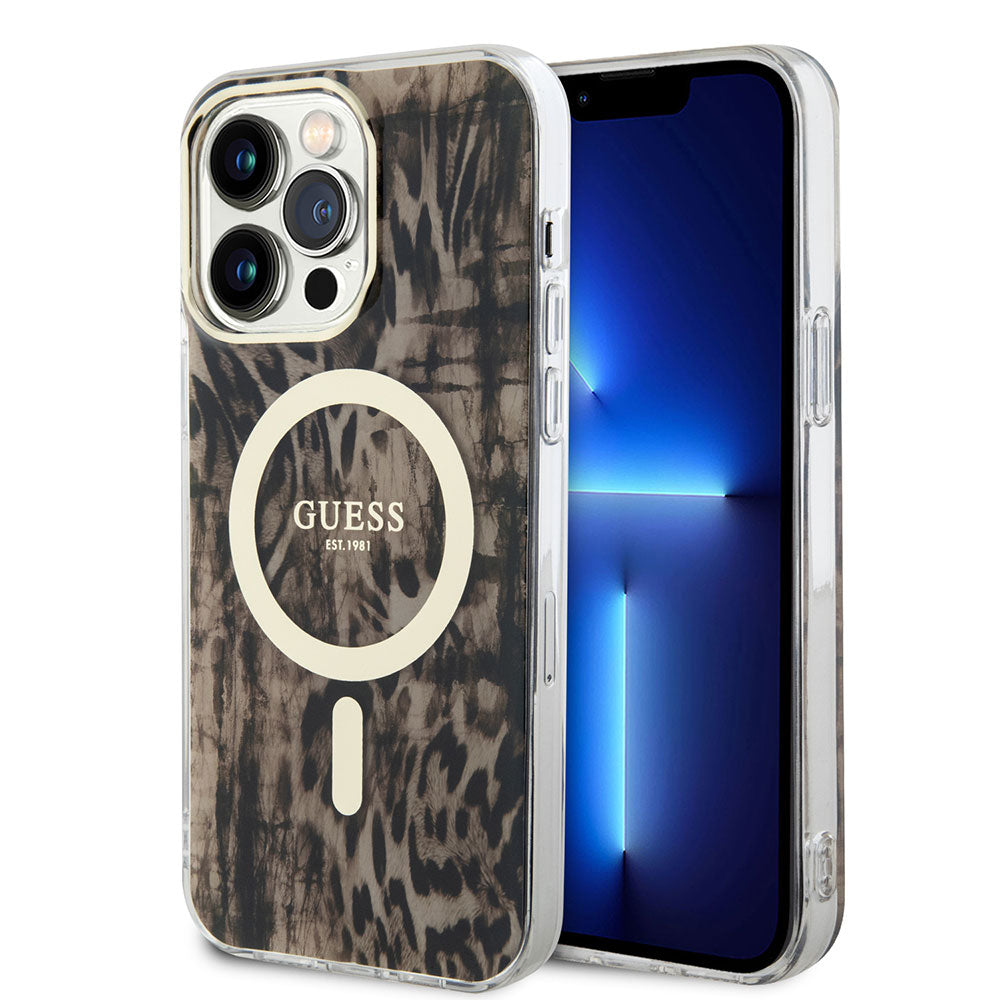 Apple iPhone 14 Pro Max Kılıf GUESS Magsafe Şarj Özellikli Leopar Desenli Kapak Mavi
