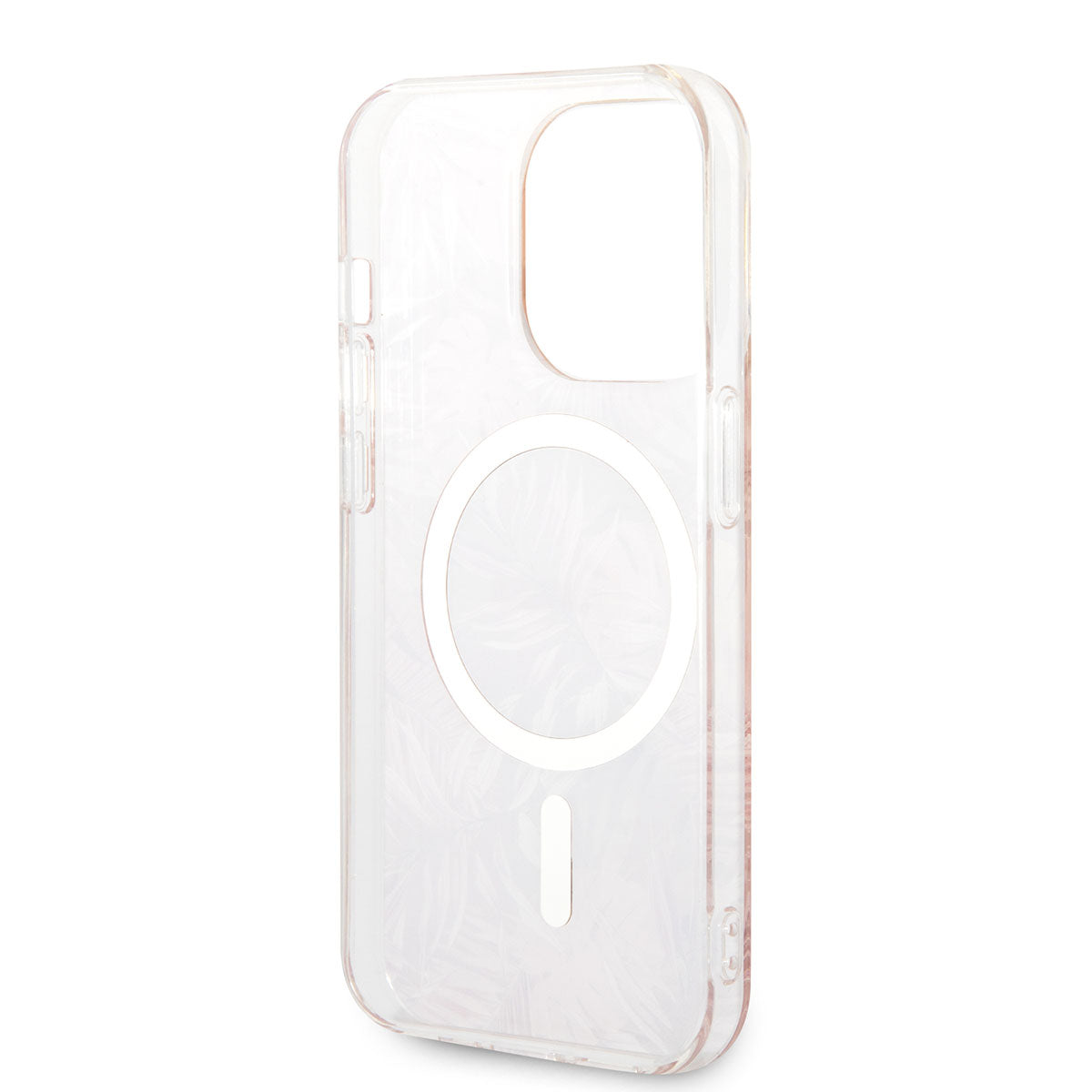 Apple iPhone 14 Pro Max Kılıf GUESS Magsafe Şarj Özellikli Yaprak Desenli Magsafe Şarj Kablolu Kapak Pembe