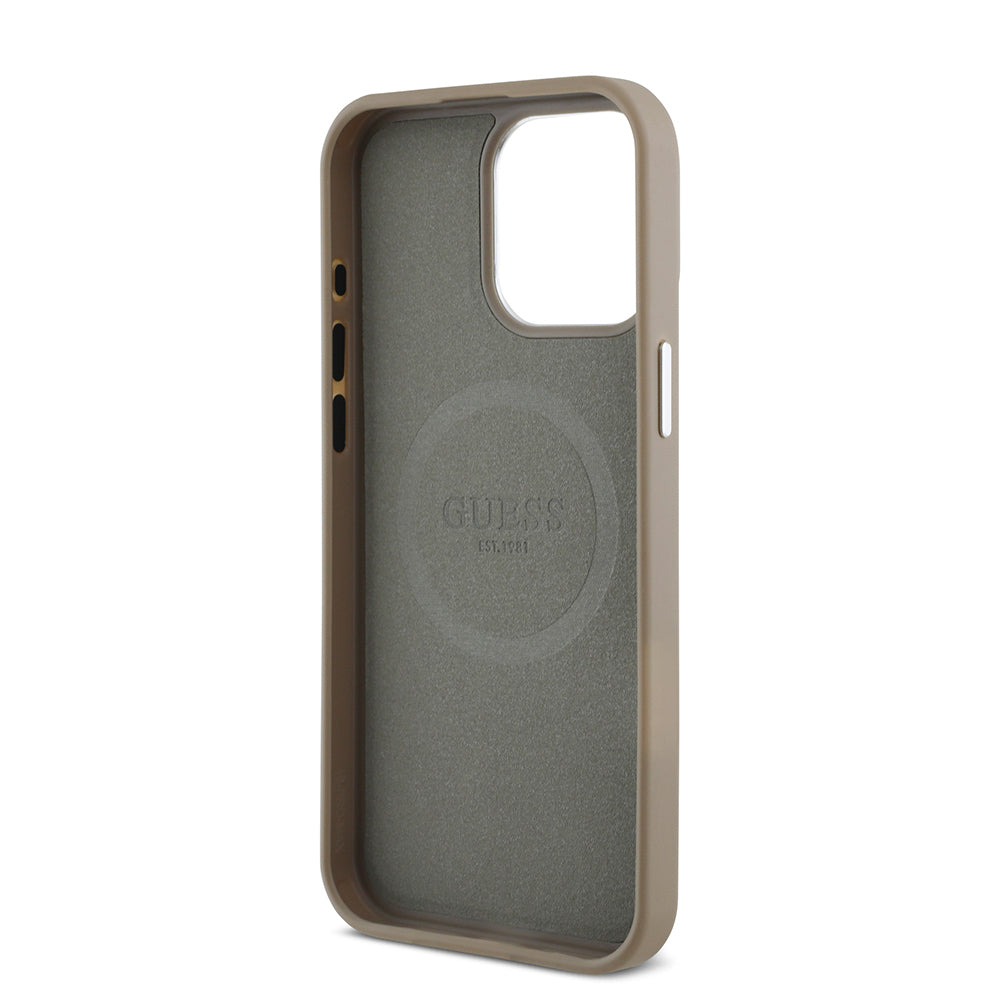 Apple iPhone 14 Pro Max Kılıf Guess Orjinal Lisanslı M-safe Şarj Özellikli Grained Triangle Kapak Siyah