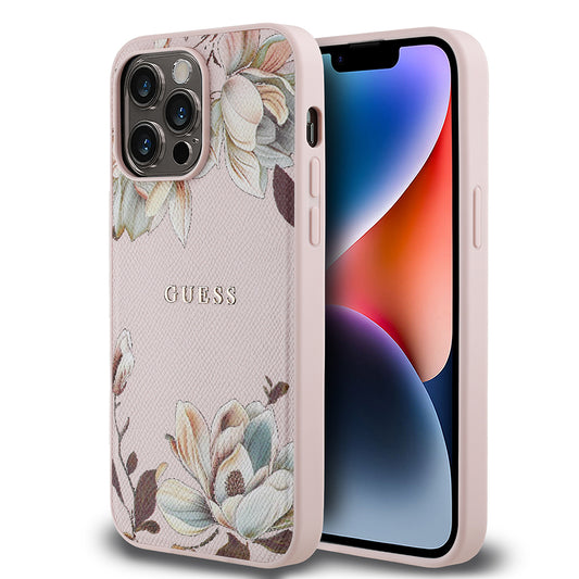 Apple iPhone 14 Pro Max Kılıf Guess Orjinal Lisanslı M-safe Şarj Özellikli Taneli Çiçek Tasarımlı Metal Yazı Logolu Kapak Pembe