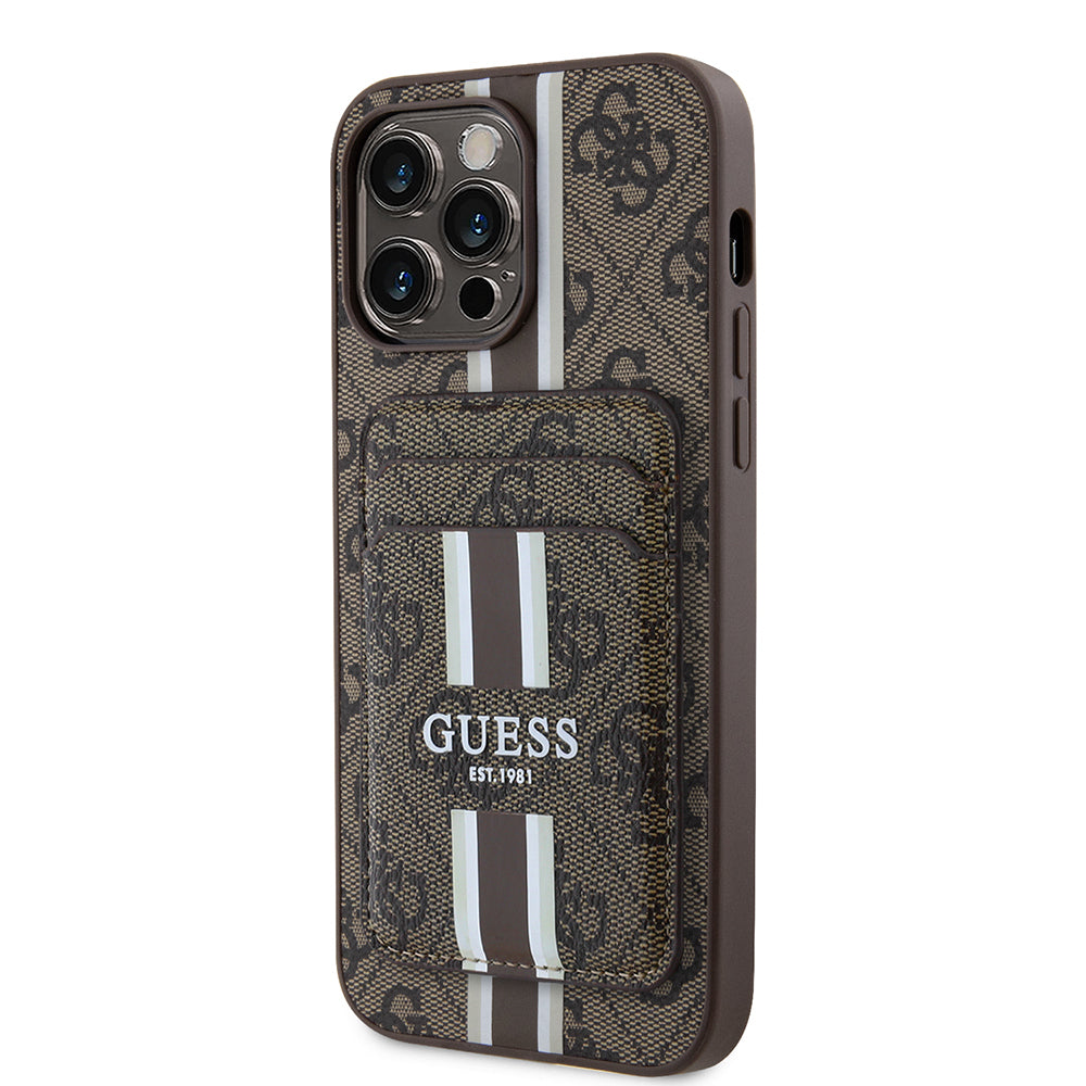 Apple iPhone 14 Pro Max Kılıf Guess Orjinal Lisanslı M-safe Şarj Özellikli 4G Desenli Çizgili Kartlıklı Kapak Kahverengi