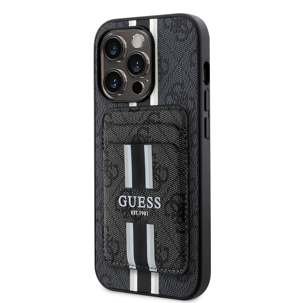 Apple iPhone 14 Pro Max Kılıf Guess Orjinal Lisanslı M-safe Şarj Özellikli 4G Desenli Çizgili Kartlıklı Kapak Siyah