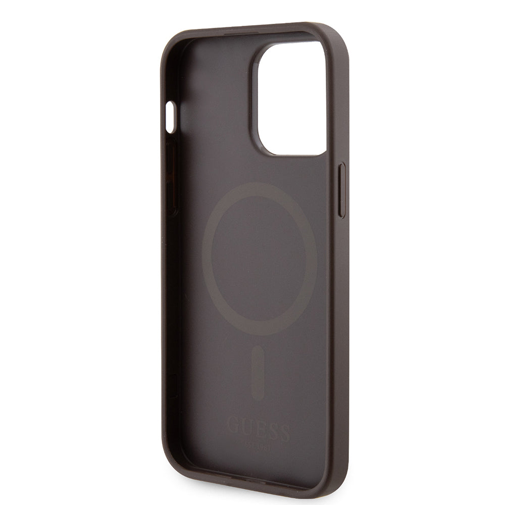 Apple iPhone 14 Pro Max Kılıf Guess Orjinal Lisanslı Magsafe Şarj Özellikli 4G Şerit Tasarımlı Printed Kapak Kahverengi