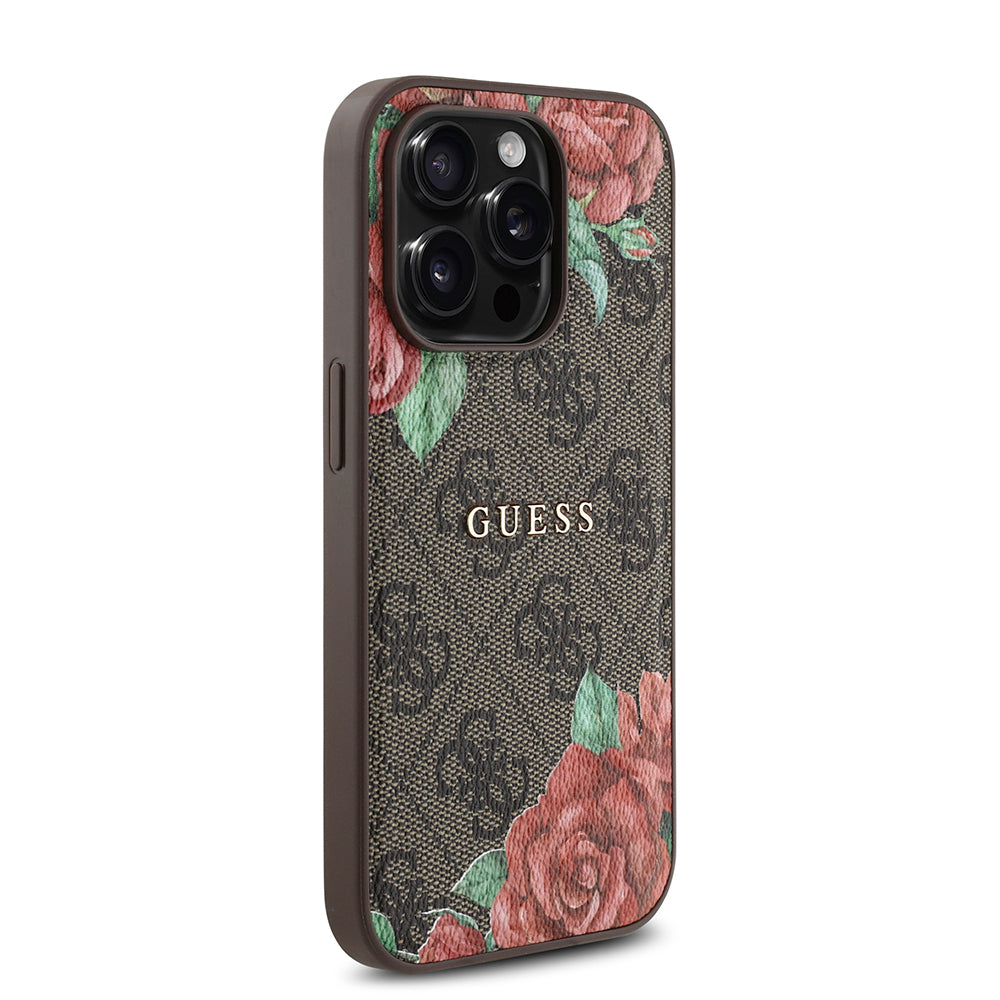 Apple iPhone 14 Pro Max Kılıf Guess Orjinal Lisanslı Magsafe Şarj Özellikli Gül Baskılı 4G Desenli Yazı Logolu Kapak Kahverengi