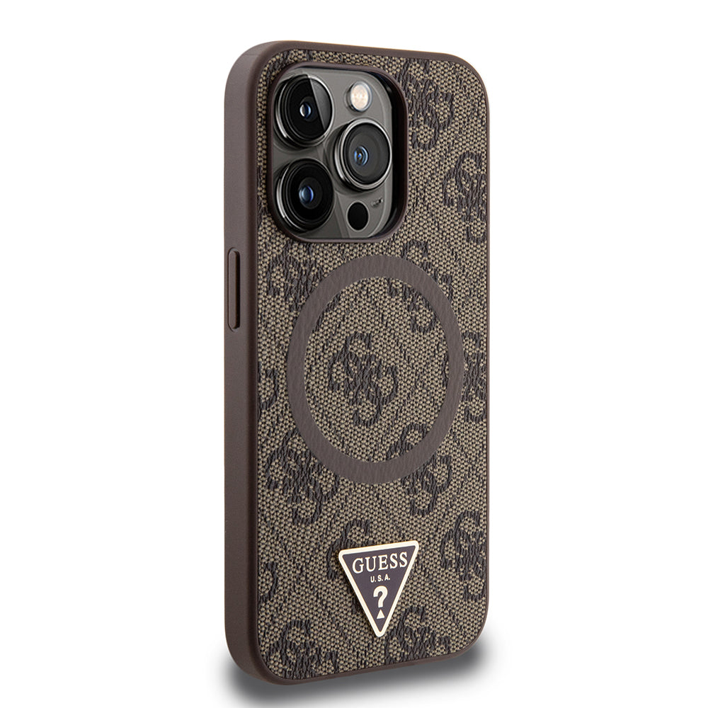 Apple iPhone 14 Pro Max Kılıf Guess Orjinal Lisanslı Magsafe Şarj Özellikli PU Üçgen Logo 4G Desenli Kapak Pembe