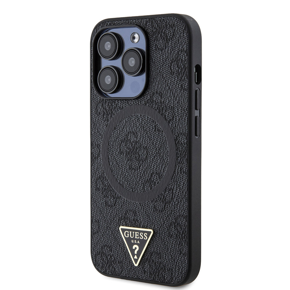 Apple iPhone 14 Pro Max Kılıf Guess Orjinal Lisanslı Magsafe Şarj Özellikli PU Üçgen Logo 4G Desenli Kapak Pembe