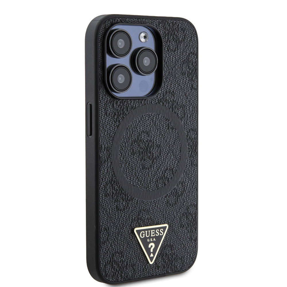 Apple iPhone 14 Pro Max Kılıf Guess Orjinal Lisanslı Magsafe Şarj Özellikli PU Üçgen Logo 4G Desenli Kapak Kahverengi