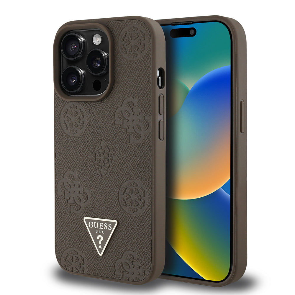 Apple iPhone 14 Pro Max Kılıf Guess Orjinal Lisanslı M-safe Şarj Özellikli Sıcak Baskılı Üçgen Logolu PU Deri Peony Kapak Kahverengi