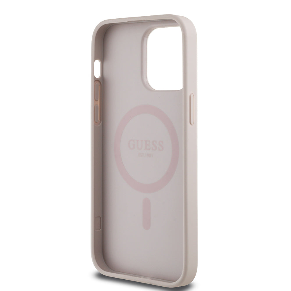 Apple iPhone 14 Pro Max Kılıf Guess Orjinal Lisanslı M-safe Şarj Özellikli Yazı Logolu Circle Classic Kapak Pembe