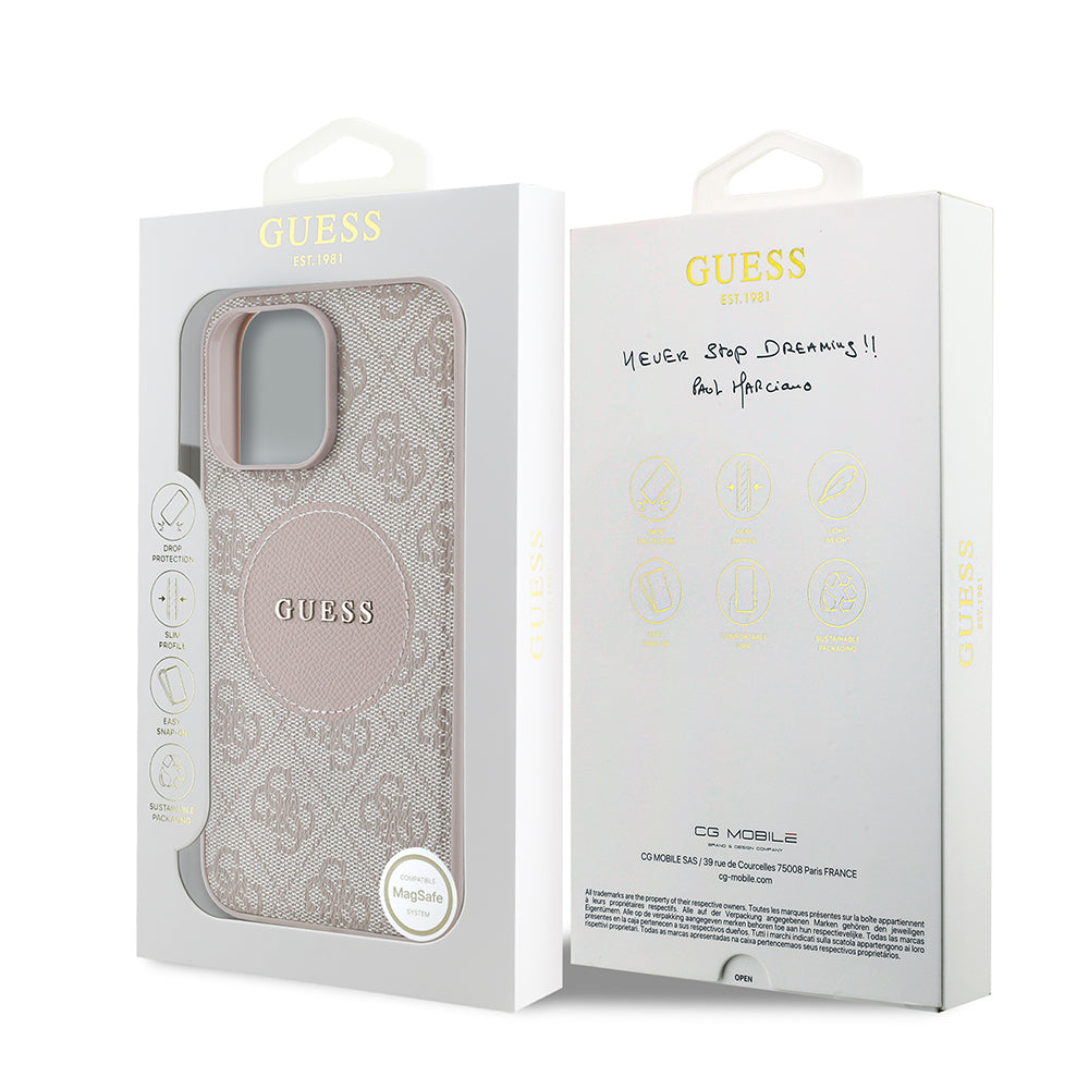 Apple iPhone 14 Pro Max Kılıf Guess Orjinal Lisanslı M-safe Şarj Özellikli Yazı Logolu Circle Classic Kapak Kahverengi
