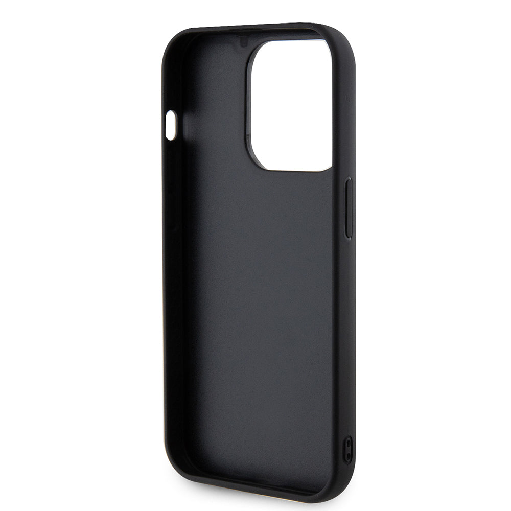 Apple iPhone 14 Pro Max Kılıf Guess Orjinal Lisanslı PU Deri Metal Yazı Logolu Kapitone Kapak Siyah