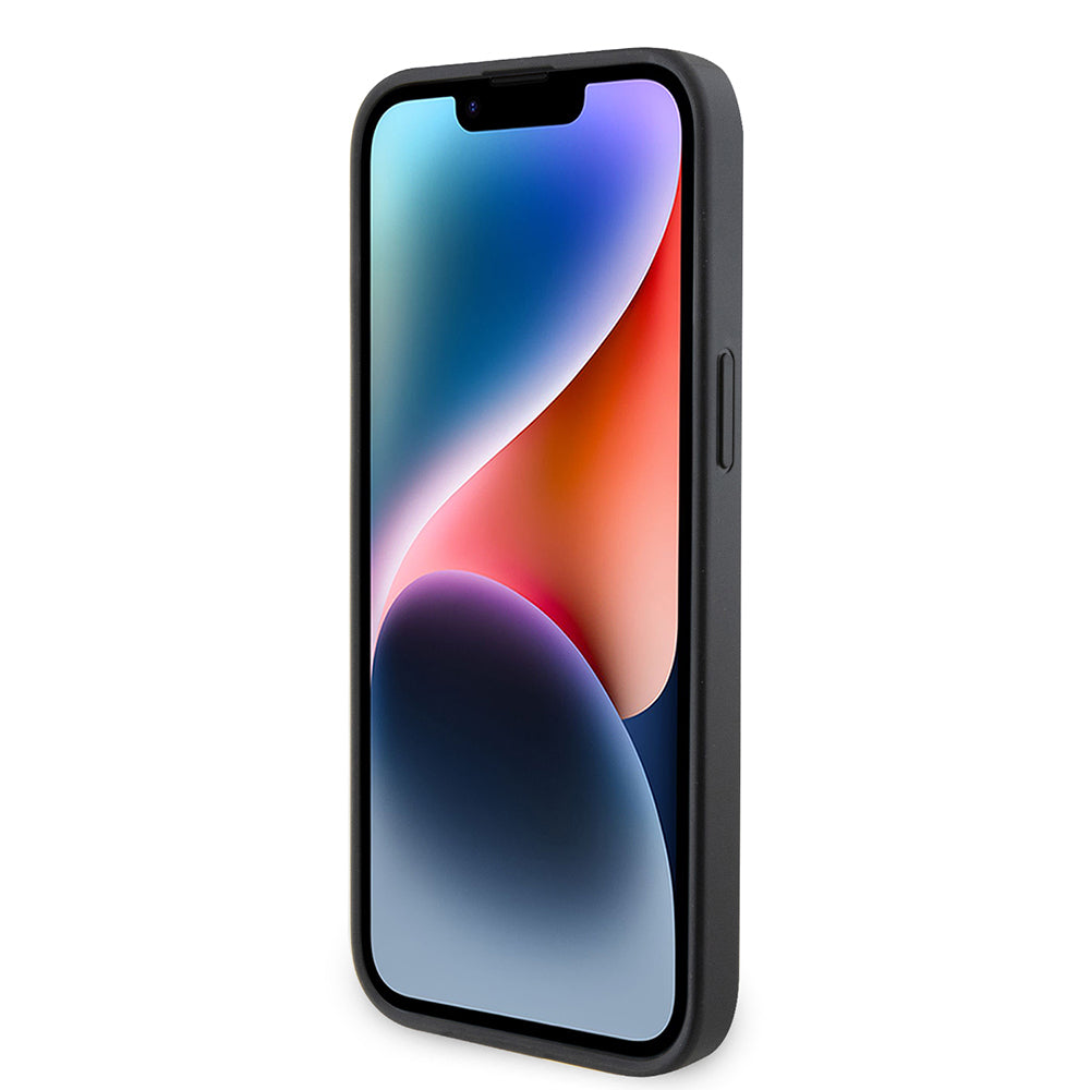 Apple iPhone 14 Pro Max Kılıf Guess Orjinal Lisanslı PU Deri Taşlı Metal Üçgen Logolu Çapraz Vücut Askılı 4G Desenli Kapak Siyah