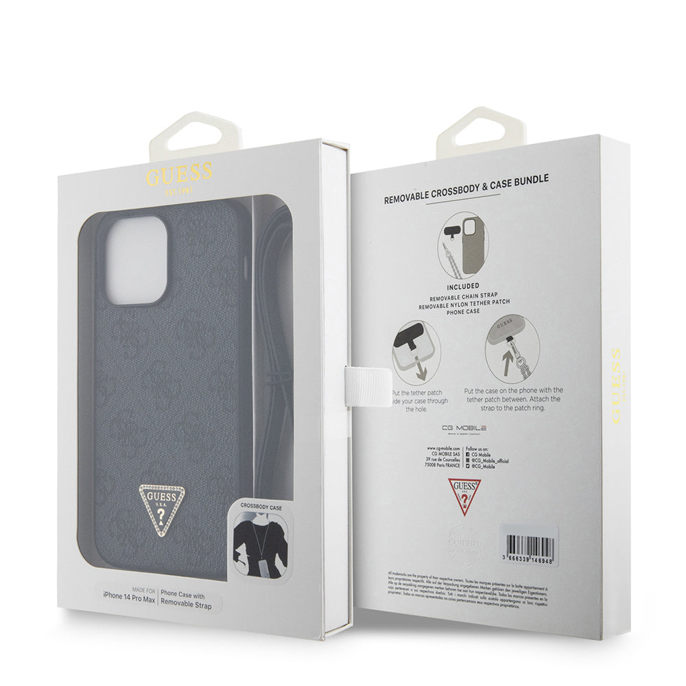 Apple iPhone 14 Pro Max Kılıf Guess Orjinal Lisanslı PU Deri Taşlı Metal Üçgen Logolu Çapraz Vücut Askılı 4G Desenli Kapak Siyah