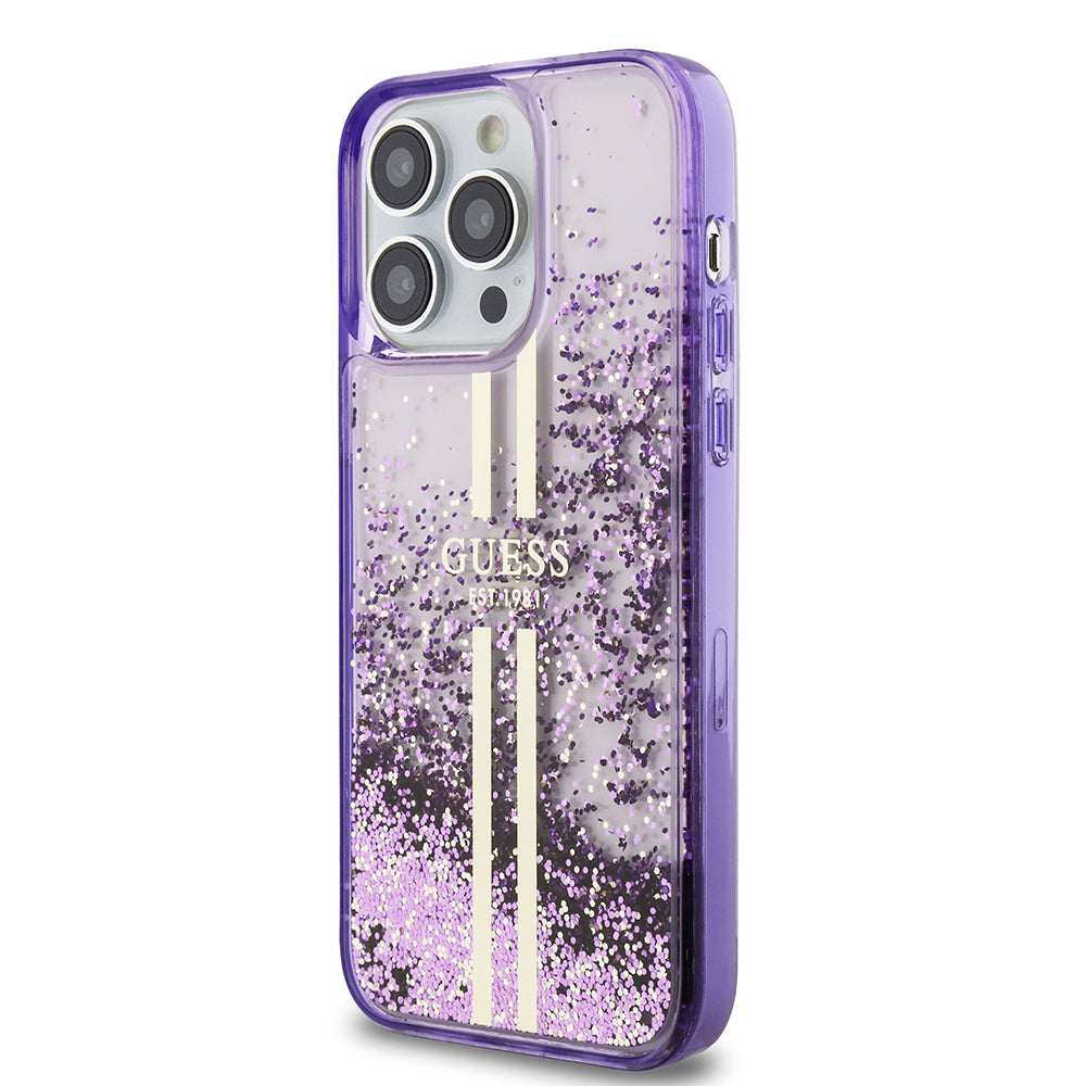 Apple iPhone 14 Pro Max Kılıf Guess Orjinal Lisanslı Transparan Sıvılı Simli Altın Çizgili Kapak Pembe