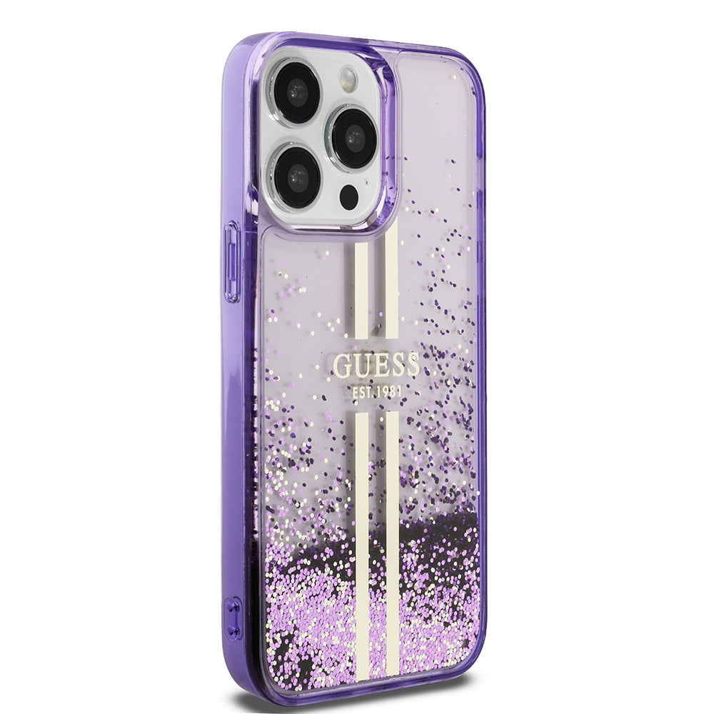Apple iPhone 14 Pro Max Kılıf Guess Orjinal Lisanslı Transparan Sıvılı Simli Altın Çizgili Kapak Mor