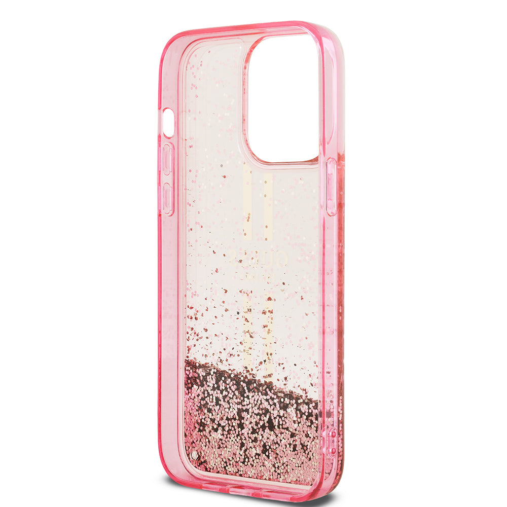 Apple iPhone 14 Pro Max Kılıf Guess Orjinal Lisanslı Transparan Sıvılı Simli Altın Çizgili Kapak Mor