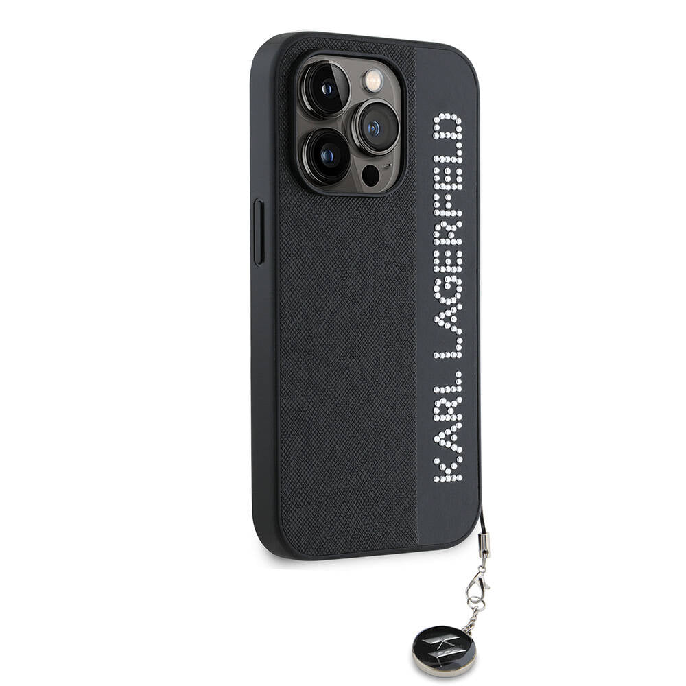 Apple iPhone 14 Pro Max Kılıf Karl Lagerfeld Orjinal Lisanslı Anahtarlıklı Taşlı KL Yazılı Saffiano Rhinestones Kapak Pembe