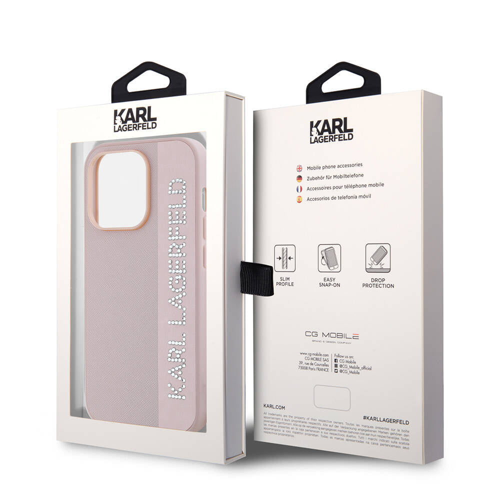 Apple iPhone 14 Pro Max Kılıf Karl Lagerfeld Orjinal Lisanslı Anahtarlıklı Taşlı KL Yazılı Saffiano Rhinestones Kapak Pembe