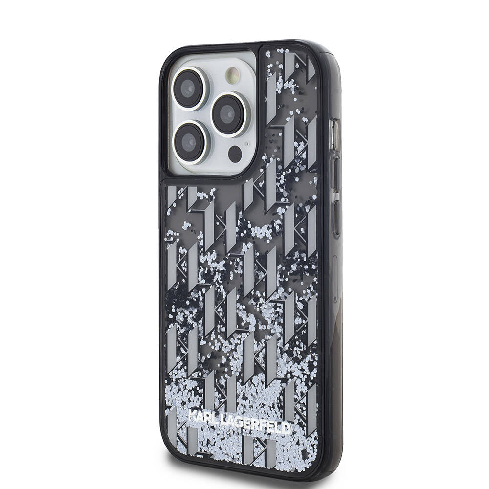 Apple iPhone 14 Pro Max Kılıf Karl Lagerfeld Orjinal Lisanslı Simli KL Yazılı Monogram Gradıent Kapak Siyah