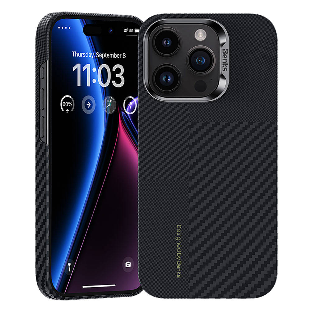 Apple iPhone 14 Pro Max Kılıf Magsafe Şarj Özellikli Karbon Fiber Benks Montage ArmorAir Kevlar Kapak Siyah