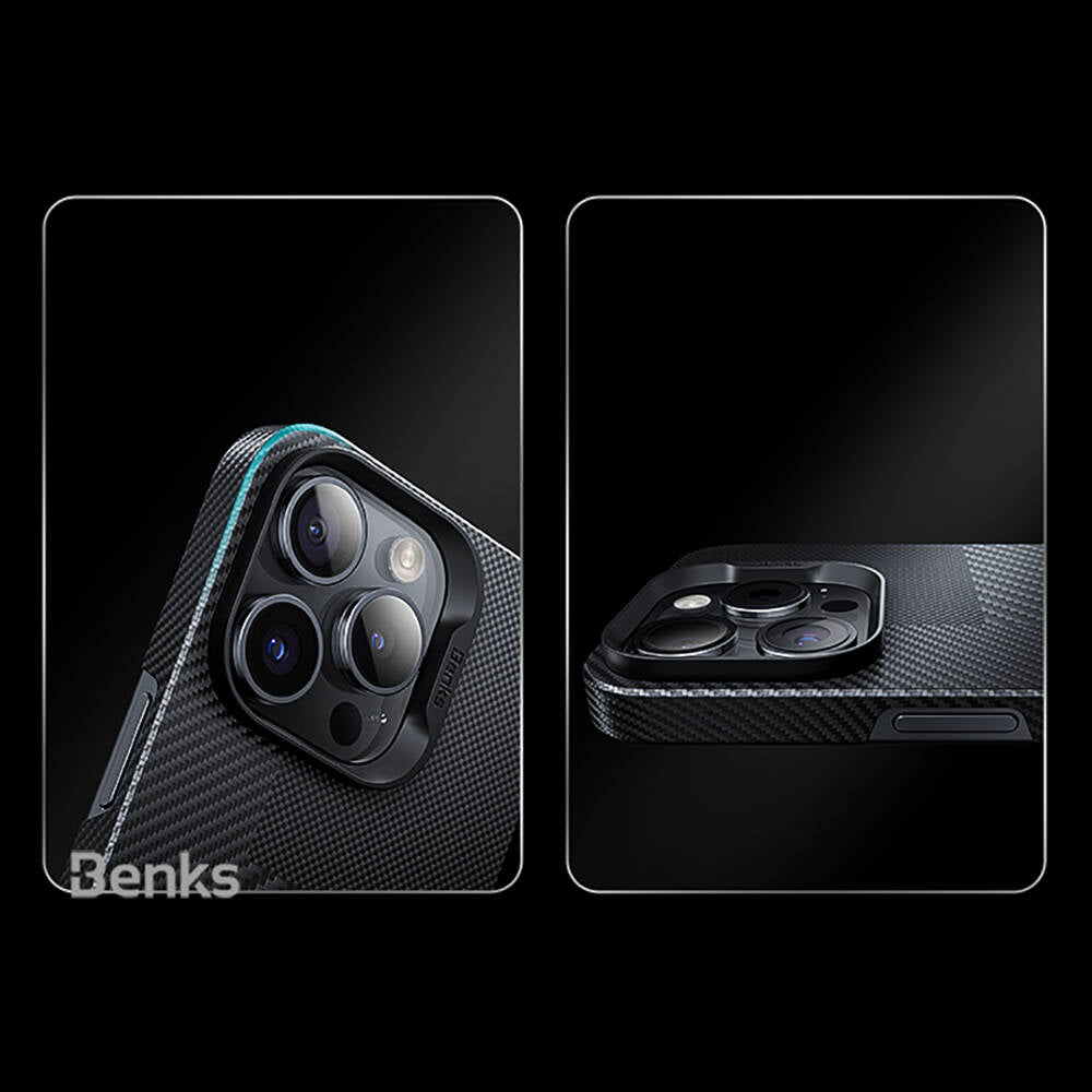 Apple iPhone 14 Pro Max Kılıf Magsafe Şarj Özellikli Karbon Fiber Benks Montage ArmorAir Kevlar Kapak Siyah
