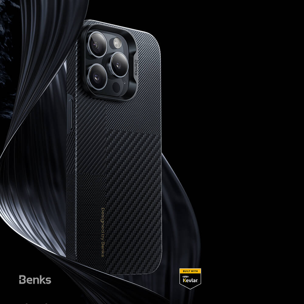 Apple iPhone 14 Pro Max Kılıf Magsafe Şarj Özellikli Karbon Fiber Benks Montage ArmorAir Kevlar Kapak Siyah