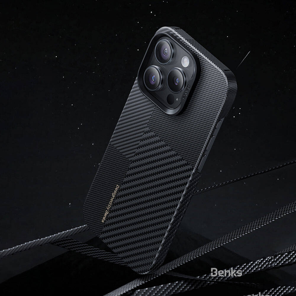 Apple iPhone 14 Pro Max Kılıf Magsafe Şarj Özellikli Karbon Fiber Benks Montage ArmorAir Kevlar Kapak Siyah