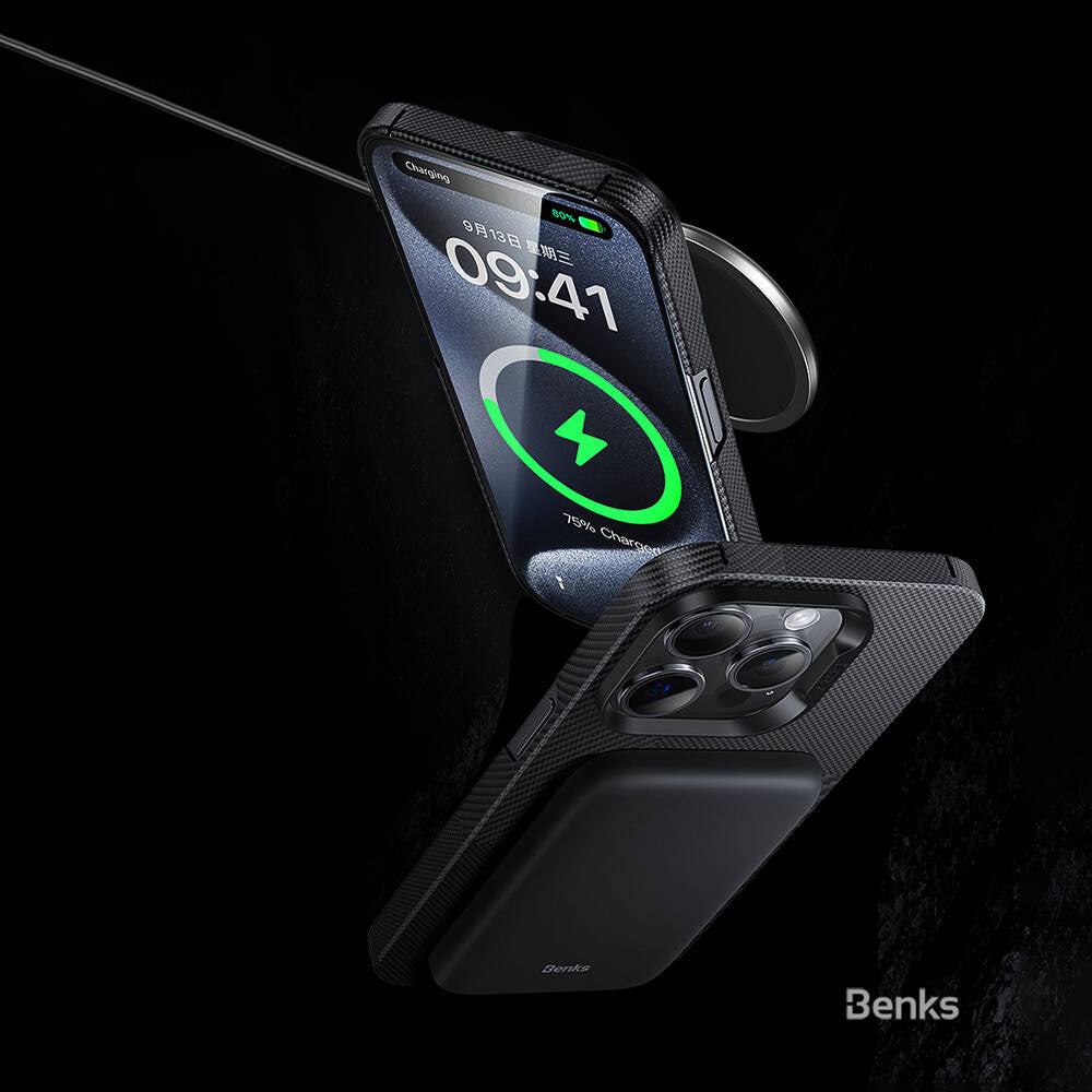 Apple iPhone 14 Pro Max Kılıf Magsafe Şarj Özellikli Karbon Fiber Benks Montage ArmorAir Kevlar Kapak Siyah