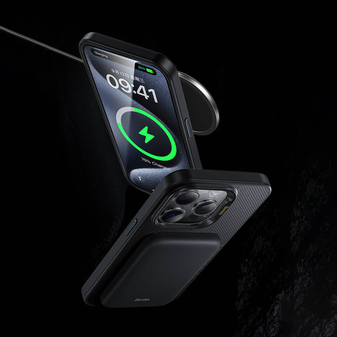 Apple iPhone 14 Pro Max Kılıf Magsafe Şarj Özellikli Karbon Fiber Benks Montage Hybrid ArmorPro Kevlar Kapak Siyah