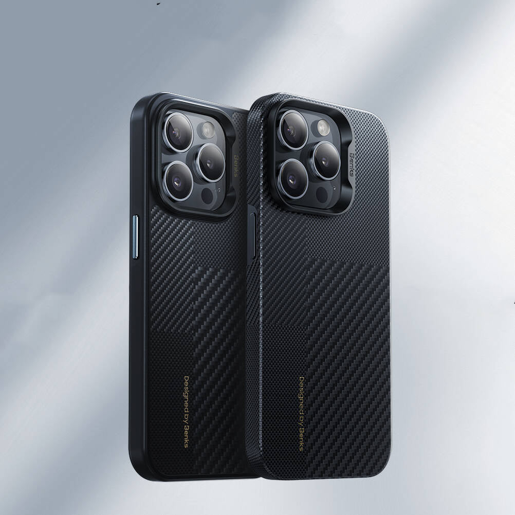 Apple iPhone 14 Pro Max Kılıf Magsafe Şarj Özellikli Karbon Fiber Benks Montage Hybrid ArmorPro Kevlar Kapak Siyah