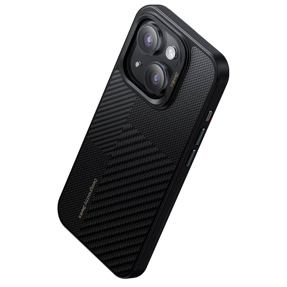 Apple iPhone 14 Pro Max Kılıf Magsafe Şarj Özellikli Karbon Fiber Benks Montage Hybrid ArmorPro Kevlar Kapak Siyah