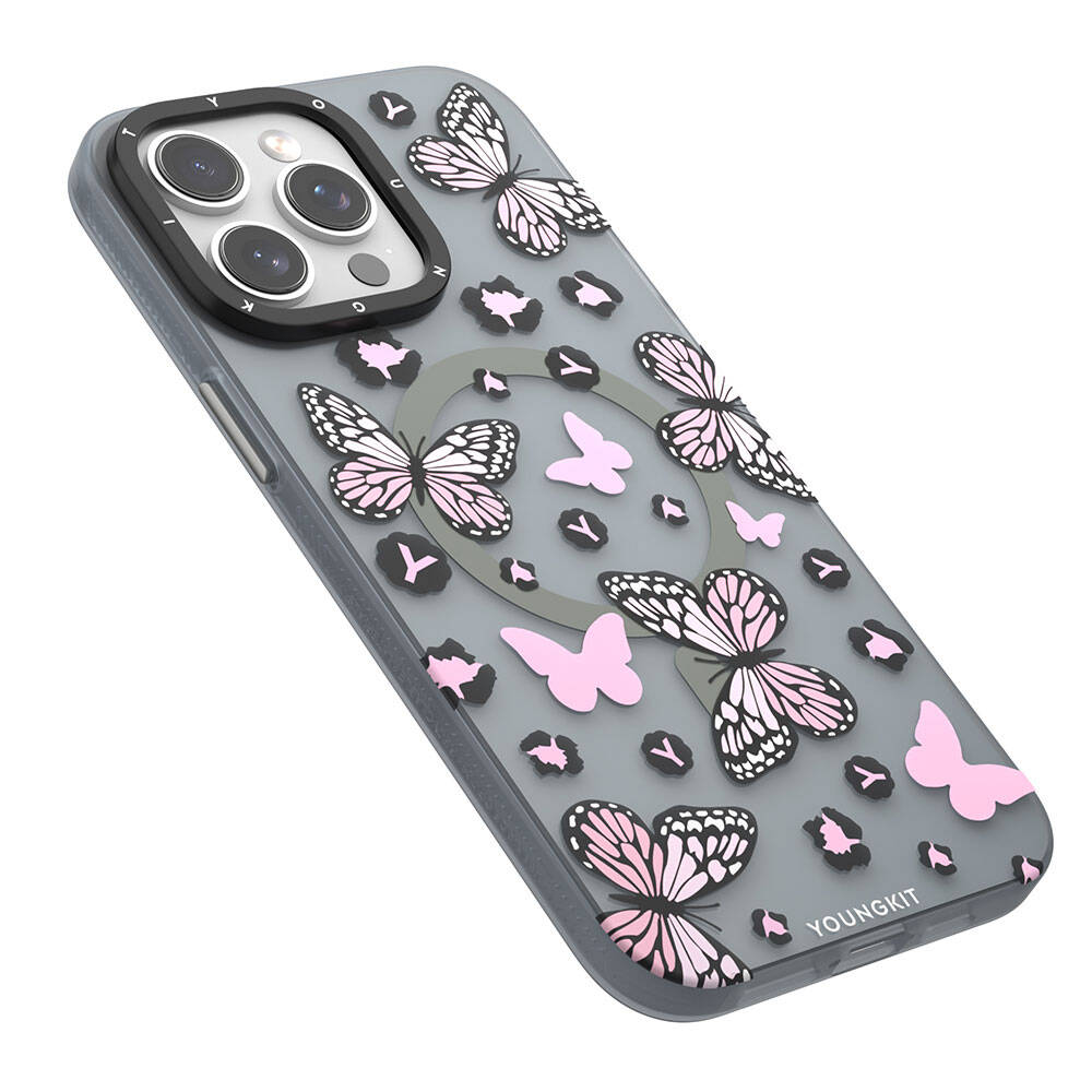 Apple iPhone 14 Pro Max Kılıf Magsafe Şarj Özellikli Kelebek Desenli Youngkit Shadow Dance Serisi Kapak Gri