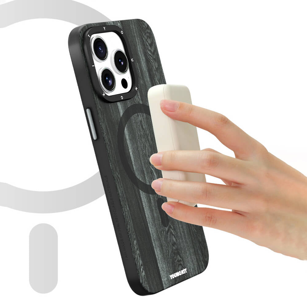 Apple iPhone 14 Pro Max Kılıf Magsafe Şarj Özellikli Sararmaya Dayanıklı Youngkit Wood Forest Serisi Kapak Kahverengi