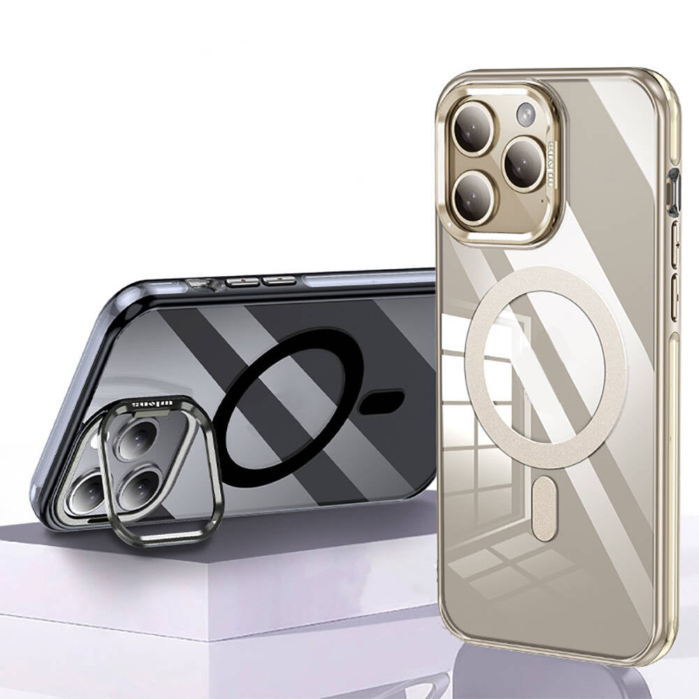 Apple iPhone 14 Pro Max Kılıf Magsafe Şarj Özellikli Wlons Standlı Efsane Kapak Gold