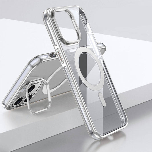 Apple iPhone 14 Pro Max Kılıf Magsafe Şarj Özellikli Wlons Standlı Efsane Kapak Gümüş