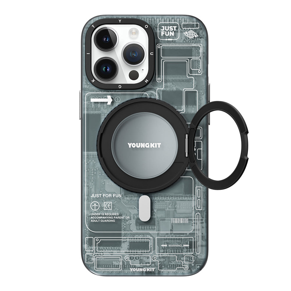 Apple iPhone 14 Pro Max Kılıf Magsafe Şarj Özellikli Youngkit 360° Standlı Technology Serisi Kapak Mavi