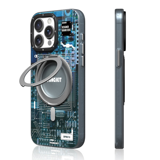 Apple iPhone 14 Pro Max Kılıf Magsafe Şarj Özellikli Youngkit 360° Standlı Technology Serisi Kapak Mavi
