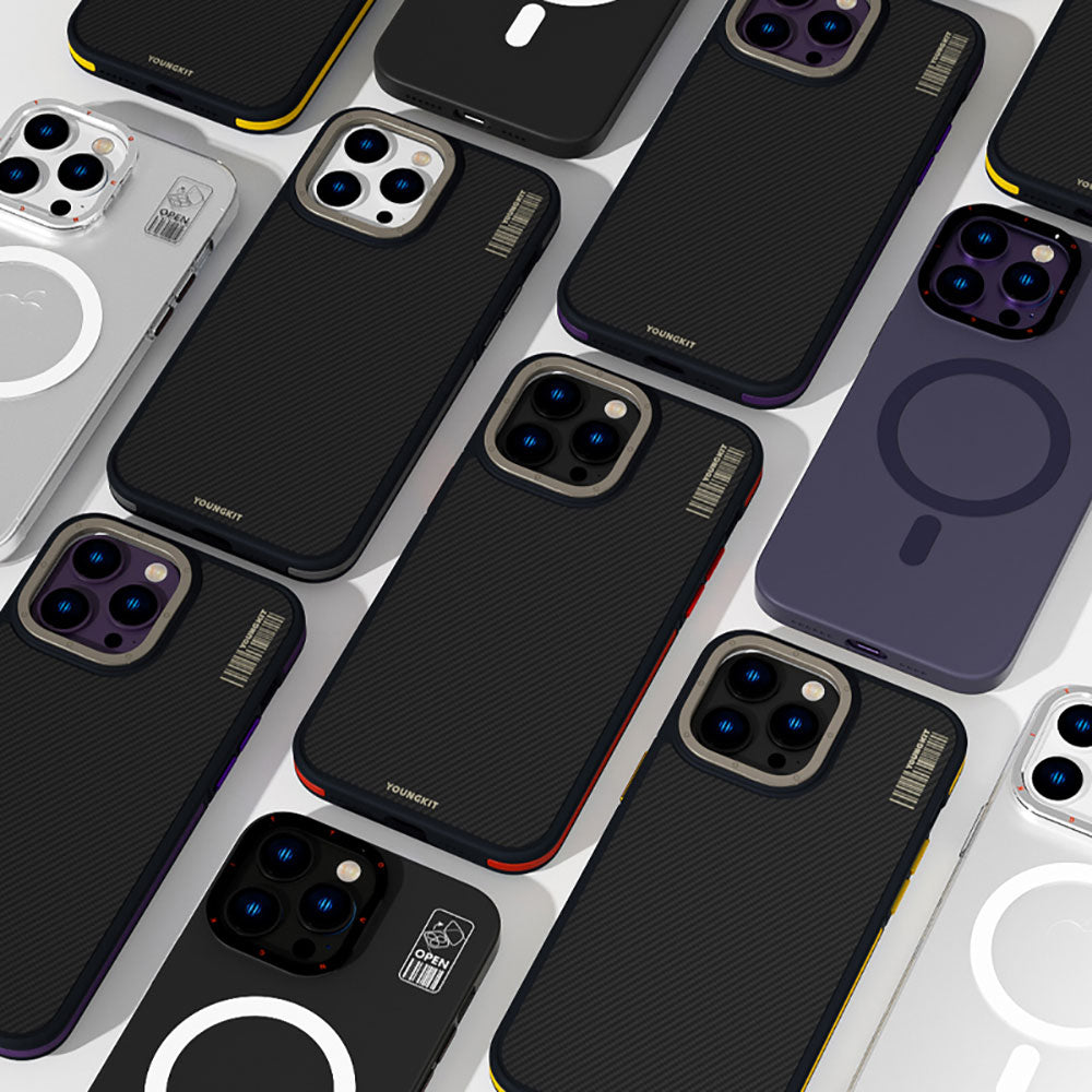 Apple iPhone 14 Pro Max Kılıf Magsafe Şarj Özellikli YoungKit 600D Kevlar Kapak Mor