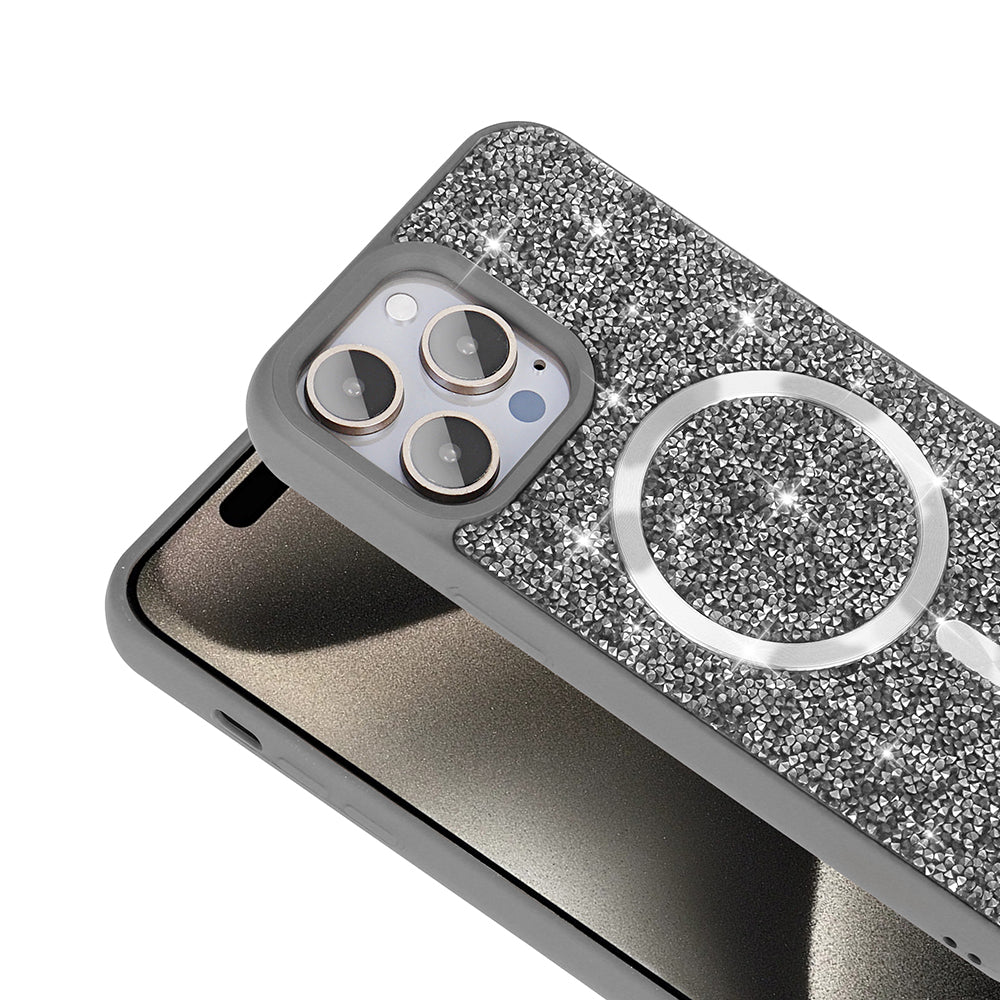 Apple iPhone 14 Pro Max Kılıf Pırlanta Tasarımlı M-safe Şarj Özellikli Zore Mozaik Silikon Kapak Titanyum-Gri