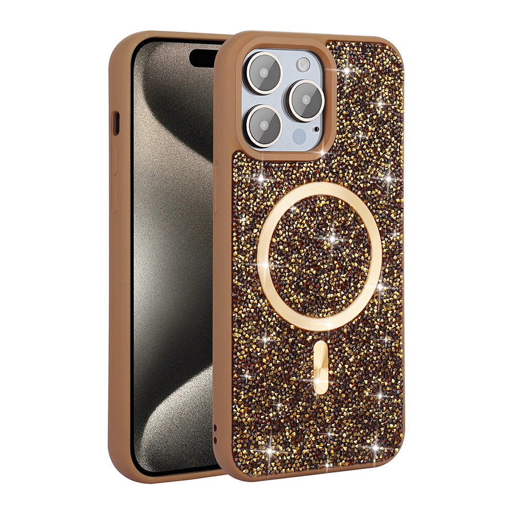 Apple iPhone 14 Pro Max Kılıf Pırlanta Tasarımlı M-safe Şarj Özellikli Zore Mozaik Silikon Kapak Desert Titanyum