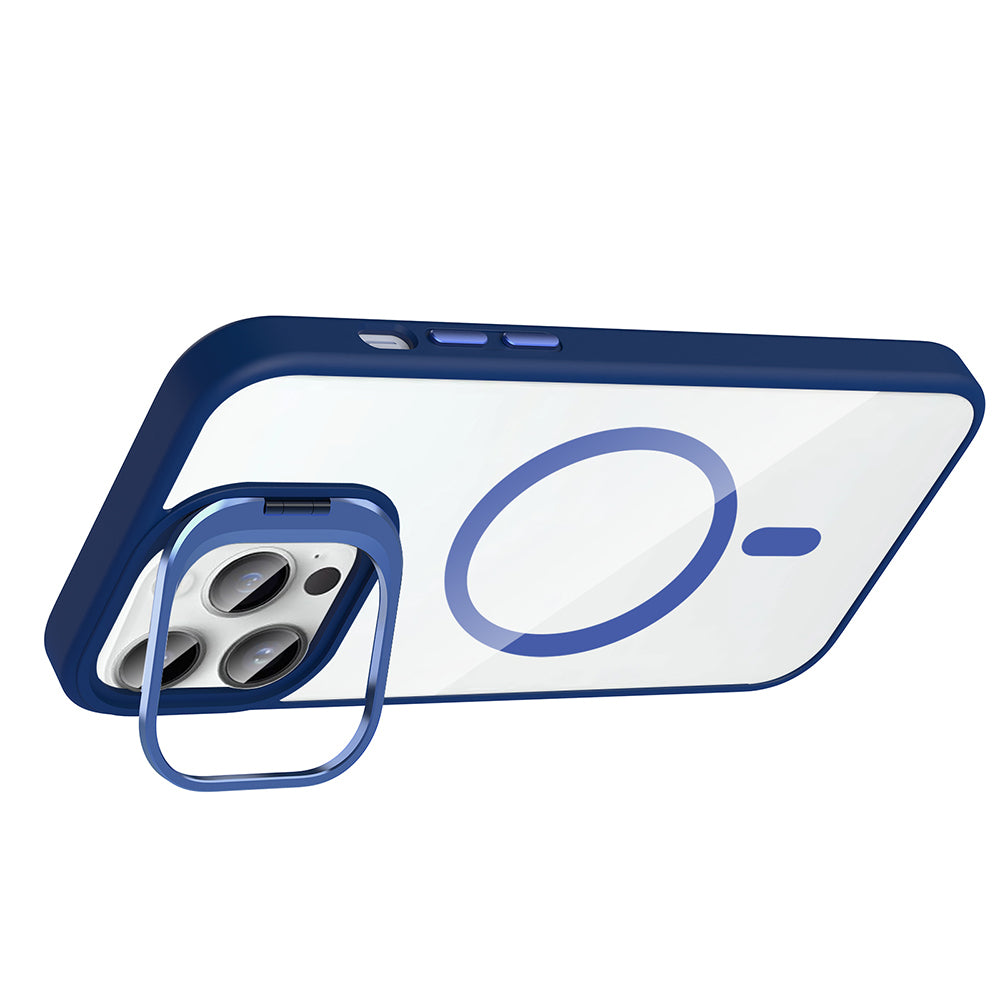 Apple iPhone 14 Pro Max Kılıf Standlı ve Kamera Lens Hediyeli M-Safe Şarj Özellikli Zore Etro Kapak Pembe