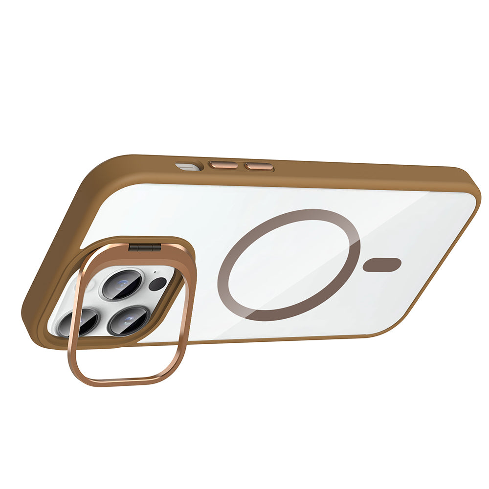 Apple iPhone 14 Pro Max Kılıf Standlı ve Kamera Lens Hediyeli M-Safe Şarj Özellikli Zore Etro Kapak Desert Titanyum