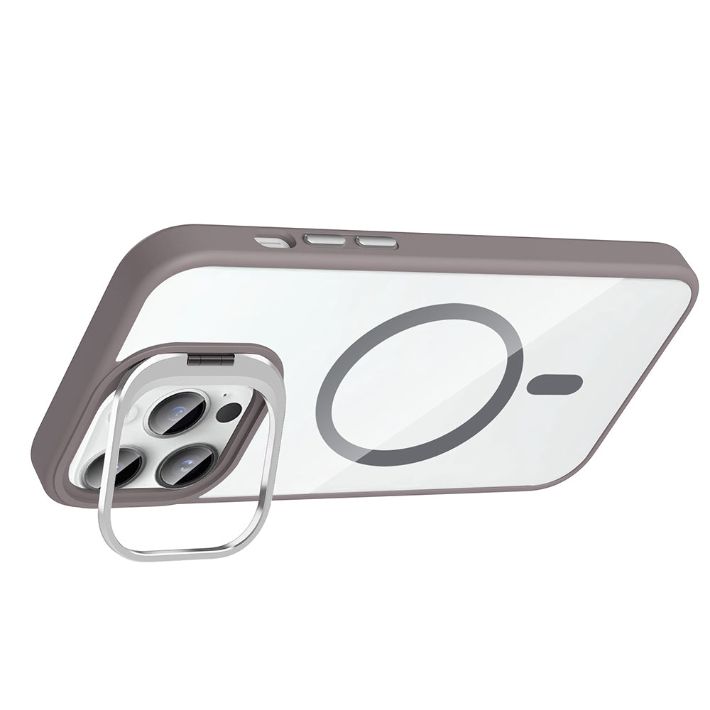 Apple iPhone 14 Pro Max Kılıf Standlı ve Kamera Lens Hediyeli M-Safe Şarj Özellikli Zore Etro Kapak Desert Titanyum