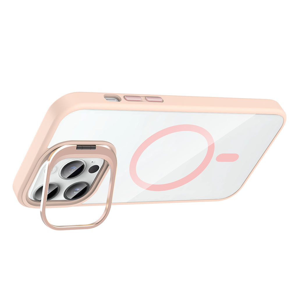 Apple iPhone 14 Pro Max Kılıf Standlı ve Kamera Lens Hediyeli M-Safe Şarj Özellikli Zore Etro Kapak Pembe