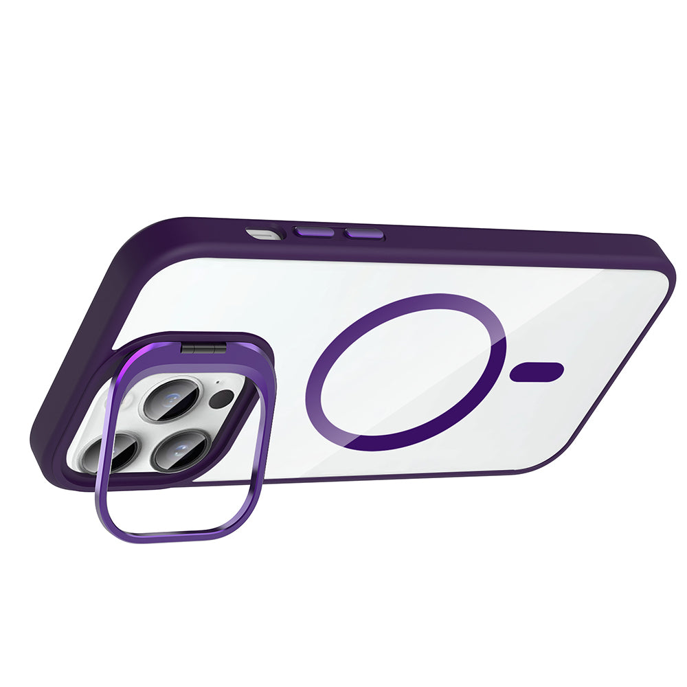 Apple iPhone 14 Pro Max Kılıf Standlı ve Kamera Lens Hediyeli M-Safe Şarj Özellikli Zore Etro Kapak Pembe