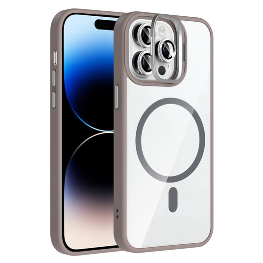 Apple iPhone 14 Pro Max Kılıf Standlı ve Kamera Lens Hediyeli M-Safe Şarj Özellikli Zore Etro Kapak Gri