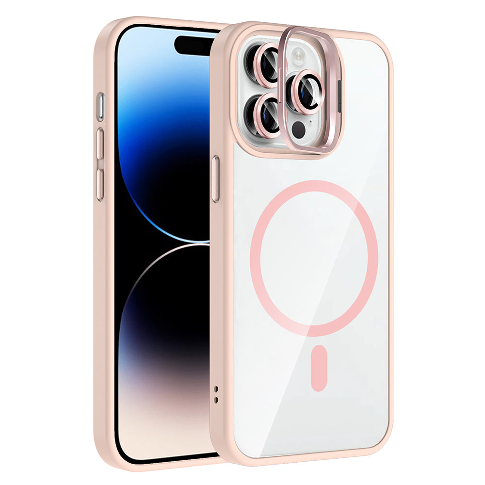 Apple iPhone 14 Pro Max Kılıf Standlı ve Kamera Lens Hediyeli M-Safe Şarj Özellikli Zore Etro Kapak Pembe