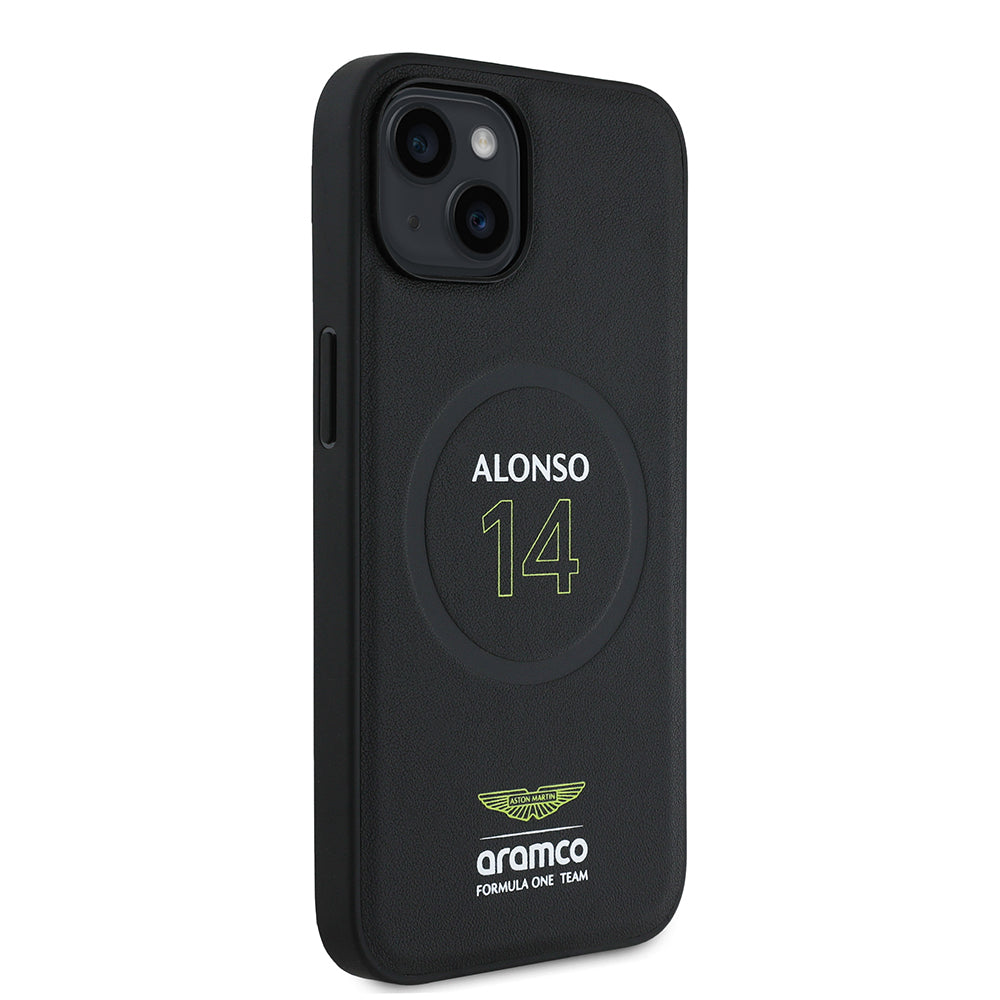 Apple iPhone 15 Kılıf Aston Martin Orjinal Lisanslı M-safe Şarj Özellikli PU Deri Alonso 14 Baskılı Kapak Siyah