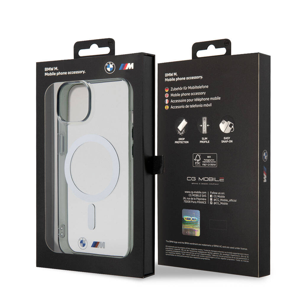 Apple iPhone 15 Kılıf BMW Magsafe Şarj Özellikli Transparan Silver Ring Orjinal Lisanslı Kapak Renksiz