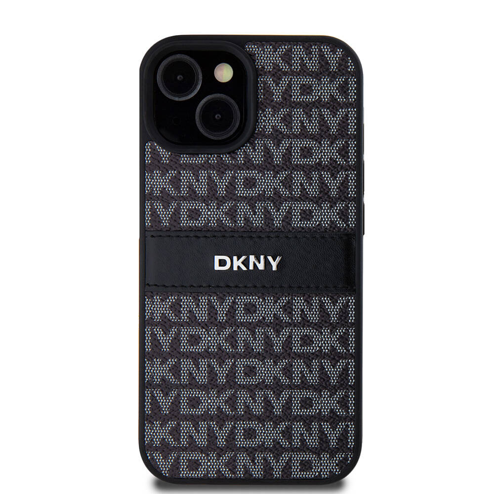 Apple iPhone 15 Kılıf DKNY Orjinal Lisanslı 3D Yazılı Repeat Texture Pattern Kapak Siyah